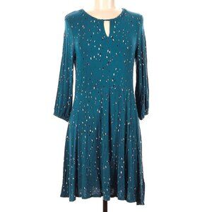 APT. 9 Keyhole A-Line Dress Teal Blue Black Geo Print 3/4 Sleeve Fit Flare Work